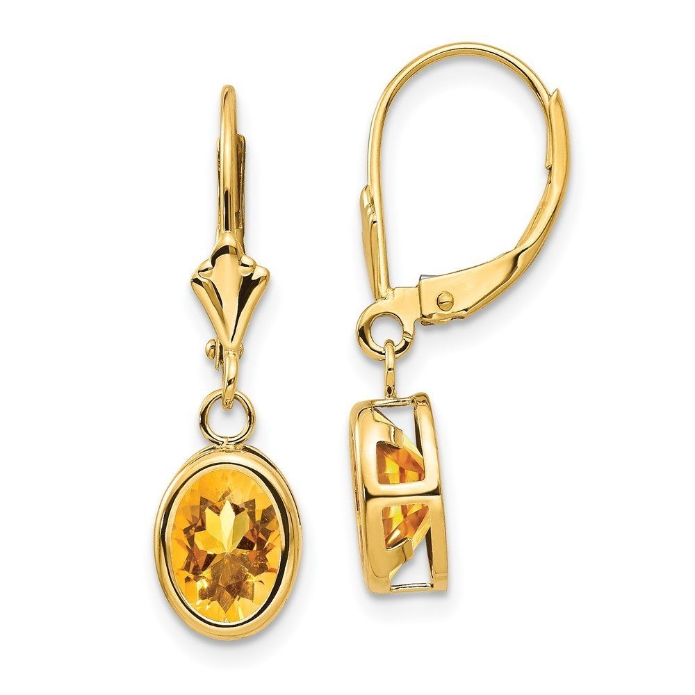 14k Yellow Gold 8x6mm Oval Citrine Nov. Birthstone Leverback Earrings 27 x 8 mm